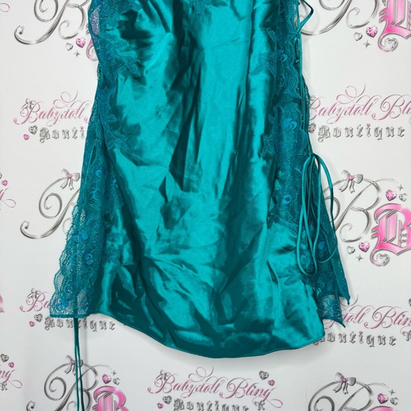La senza dress babydoll lace corset tie up sides shimmer Teal Satin Chemise - Picture 10 of 15